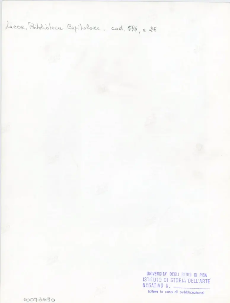 Universit&agrave; di Pisa. Dipartimento di Storia delle Arti , Anonimo italiano - sec. XV, prima met&agrave; - Lucca, Biblioteca Capitolare Feliniana, Ms. 594, f. 26r, intero , retro