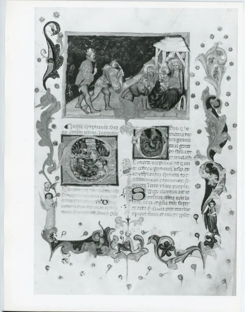 Anonimo italiano sec. XV , Pagina miniata, Fregio con motivi vegetali, Figura umana, Angeli, Adorazione dei Re Magi, Iniziale E, Iniziale D, Iniziale istoriata, Annuncio ai pastori, Fuga in Egitto, Iniziale figurata