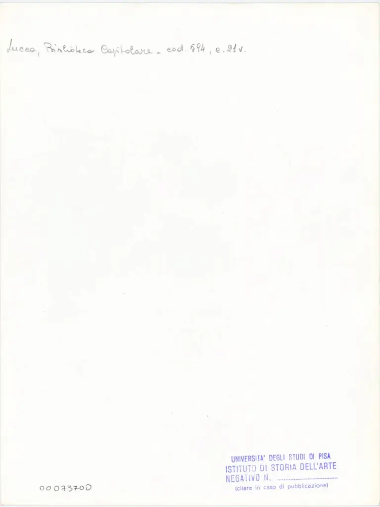 Universit&agrave; di Pisa. Dipartimento di Storia delle Arti , Anonimo italiano - sec. XV, prima met&agrave; - Lucca, Biblioteca Capitolare Feliniana, Ms. 594, f. 21v, particolare , retro