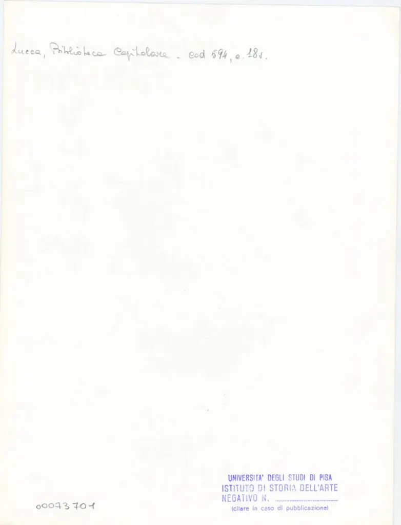 Università di Pisa. Dipartimento di Storia delle Arti , Anonimo italiano - sec. XV0, prima metà - Lucca, Biblioteca Capitolare Feliniana, Ms. 594, f. 18v, particolare , retro
