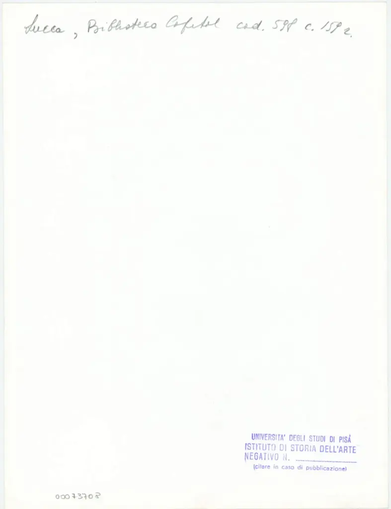 Universit&agrave; di Pisa. Dipartimento di Storia delle Arti , Anonimo italiano - sec. XV, ultimo quarto - Lucca, Biblioteca Capitolare Feliniana, Ms. 598, f. 159r, particolare , retro