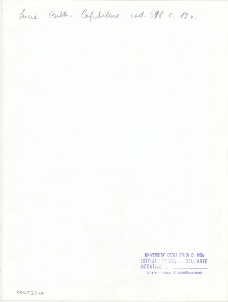 Universit&agrave; di Pisa. Dipartimento di Storia delle Arti , Anonimo italiano - sec. XV, ultimo quarto - Lucca, Biblioteca Capitolare Feliniana, Ms. 598, f. 12r, particolare , retro