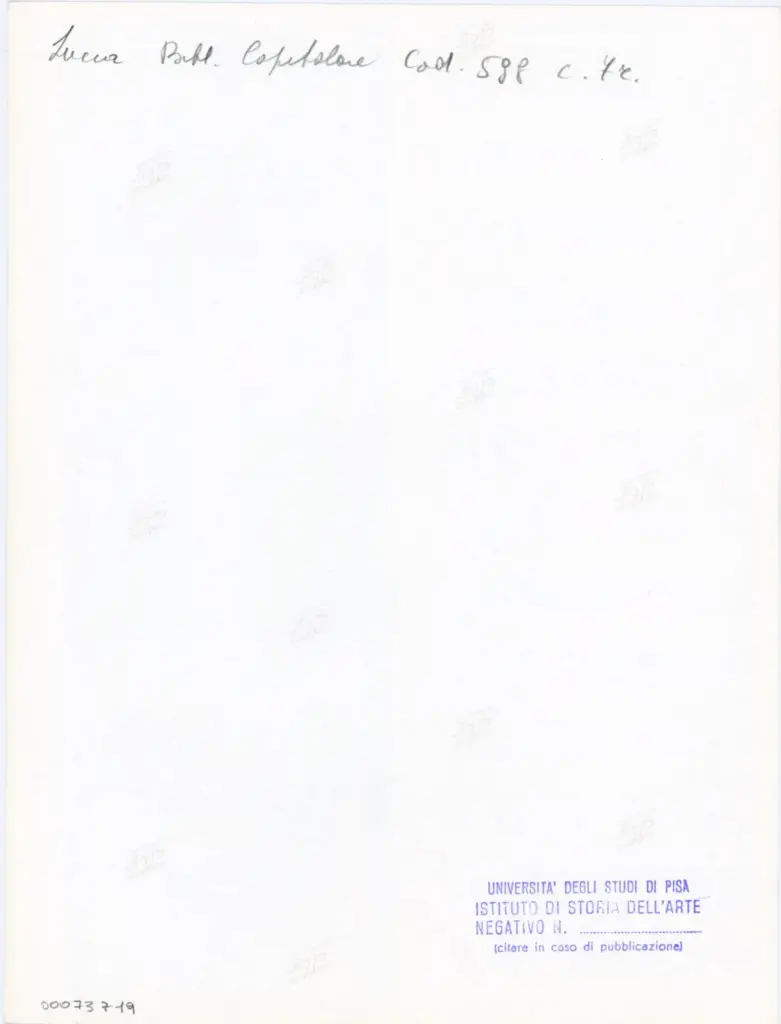 Universit&agrave; di Pisa. Dipartimento di Storia delle Arti , Anonimo italiano - sec. XV, ultimo quarto - Lucca, Biblioteca Capitolare Feliniana, Ms. 598, f. 7r, particolare , retro