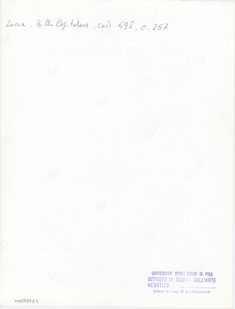 Università di Pisa. Dipartimento di Storia delle Arti , Anonimo italiano - sec. XV, ultimo quarto - Lucca, Biblioteca Capitolare Feliniana, Ms. 598, f. 267r , retro