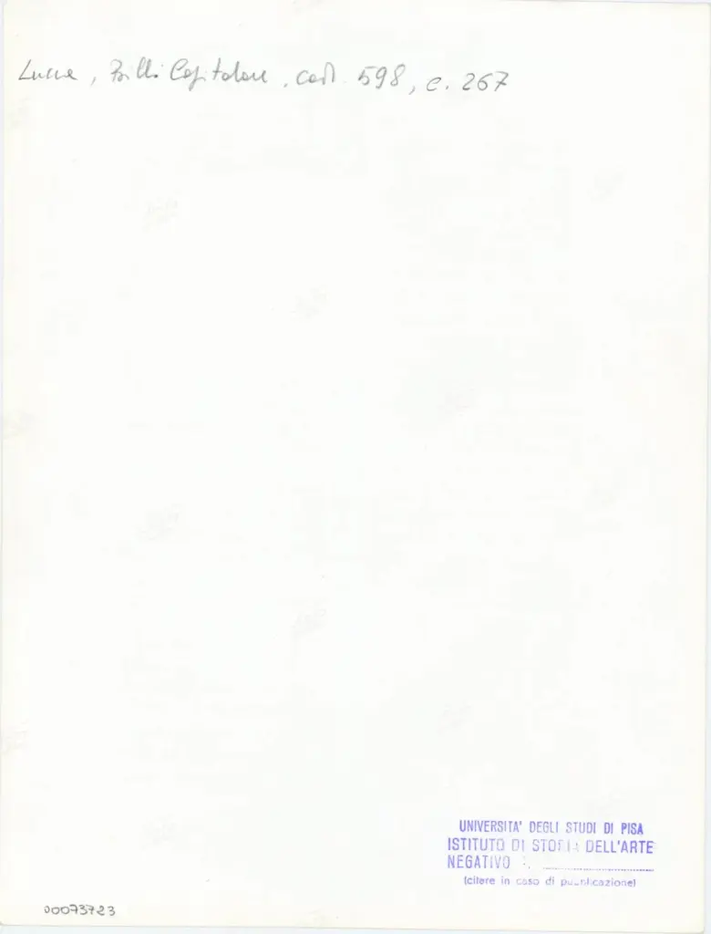 Universit&agrave; di Pisa. Dipartimento di Storia delle Arti , Anonimo italiano - sec. XV, ultimo quarto - Lucca, Biblioteca Capitolare Feliniana, Ms. 598, f. 267r , retro
