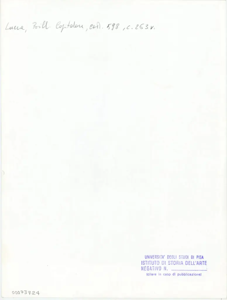 Universit&agrave; di Pisa. Dipartimento di Storia delle Arti , Anonimo italiano - sec. XV, ultimo quarto - Lucca, Biblioteca Capitolare Feliniana, Ms. 598, f. 263v, particolare , retro