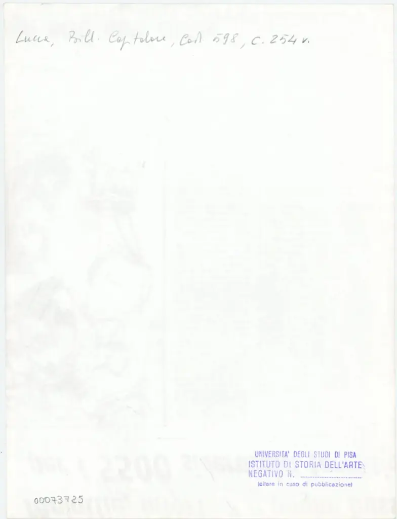 Universit&agrave; di Pisa. Dipartimento di Storia delle Arti , Anonimo italiano - sec. XV, ultimo quarto - Lucca, Biblioteca Capitolare Feliniana, Ms. 598, f. 254v, particolare , retro