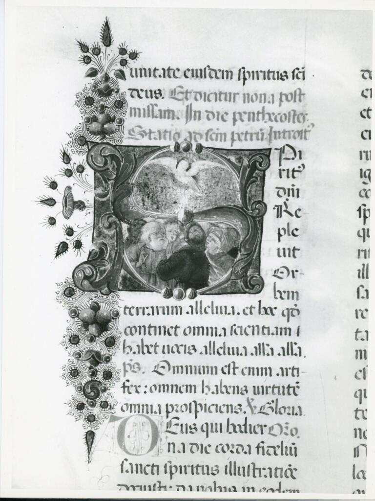 Anonimo italiano sec. XV , Iniziale S, Iniziale istoriata, Pentecoste, Motivi decorativi fitomorfi