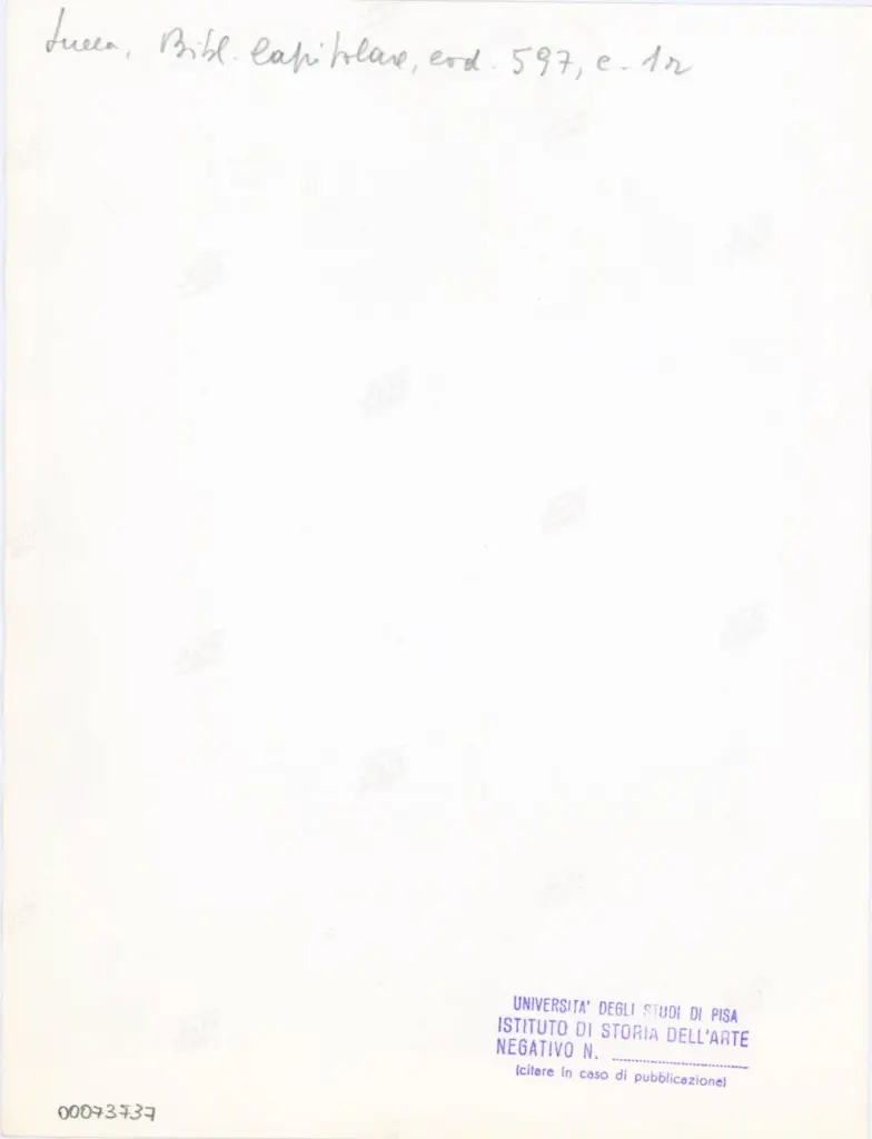 Universit&agrave; di Pisa. Dipartimento di Storia delle Arti , Anonimo italiano - sec. XIV, secondo quarto - Lucca, Biblioteca Capitolare Feliniana, Ms. 597, f. 1r, intero , retro