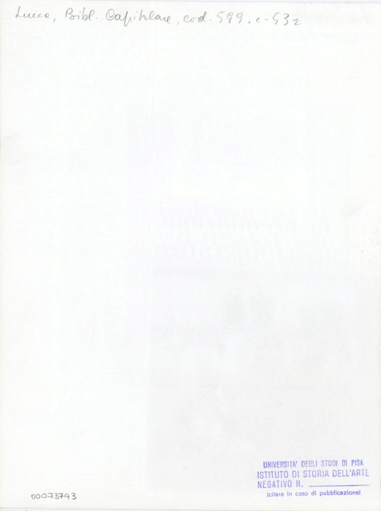 Università di Pisa. Dipartimento di Storia delle Arti , Anonimo italiano - sec. XIII, prima metà - Lucca, Biblioteca Capitolare Feliniana, Ms. 599, f. 53r, particolare , retro