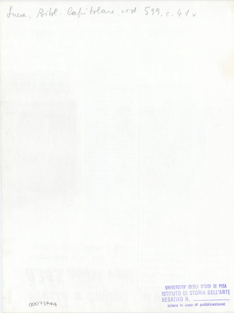 Università di Pisa. Dipartimento di Storia delle Arti , Anonimo italiano - sec. XIII, prima metà - Lucca, Biblioteca Capitolare Feliniana, Ms. 599, f. 41v, particolare , retro