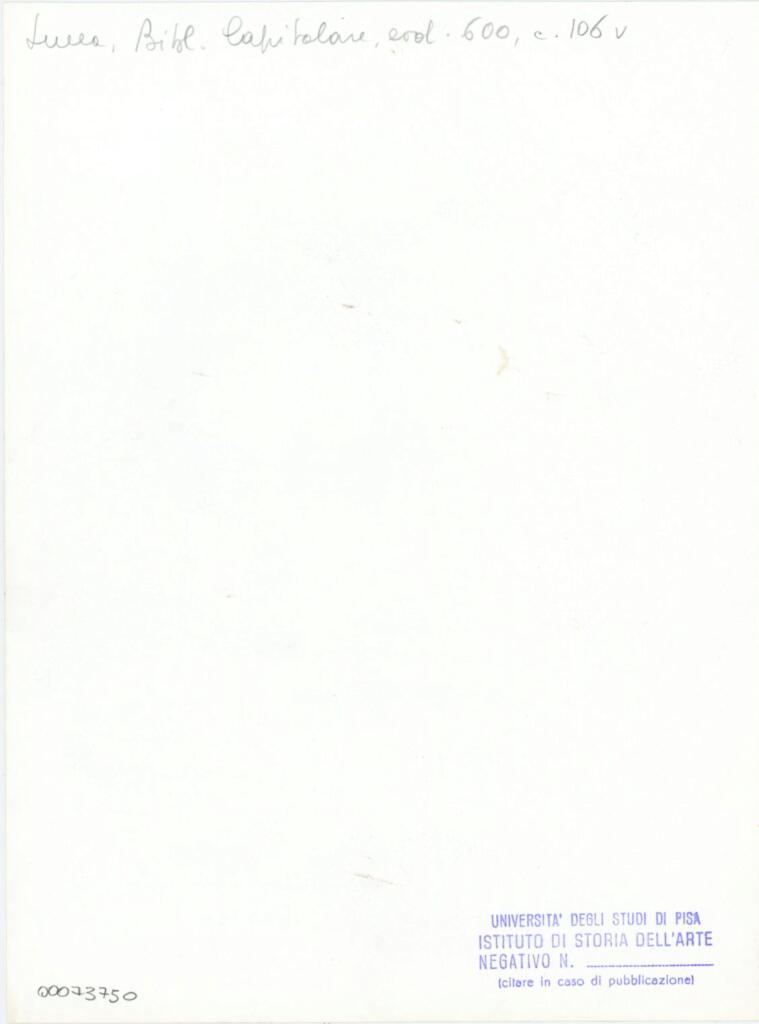 Università di Pisa. Dipartimento di Storia delle Arti , Anonimo italiano - sec. XIII, primo quarto - Lucca, Biblioteca Capitolare Feliniana, Ms. 600, f. 106v, particolare , retro