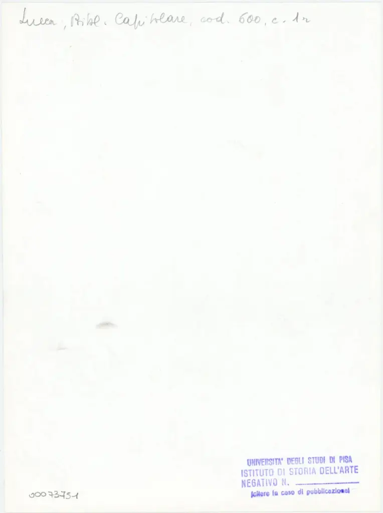 Universit&agrave; di Pisa. Dipartimento di Storia delle Arti , Anonimo italiano - sec. XIII, primo quarto - Lucca, Biblioteca Capitolare Feliniana, Ms. 600, f. 1r, particolare , retro