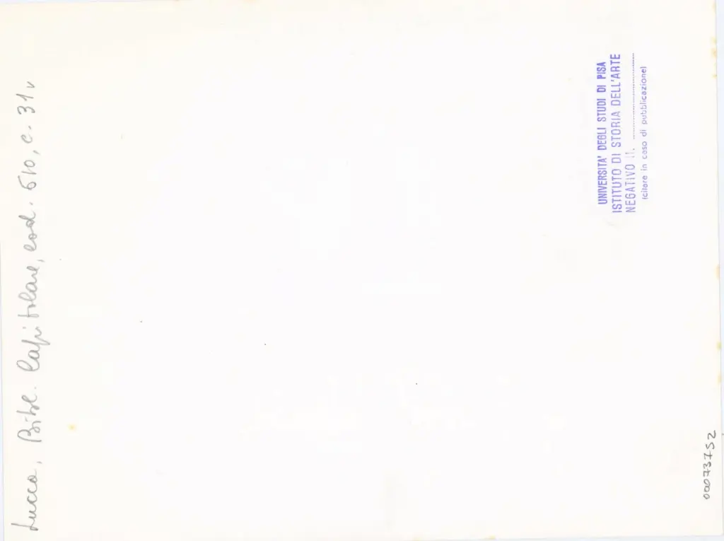 Università di Pisa. Dipartimento di Storia delle Arti , Anonimo italiano - sec. XIII, metà - Lucca, Biblioteca Capitolare Feliniana, Ms. 610, f. 31v, particolare , retro