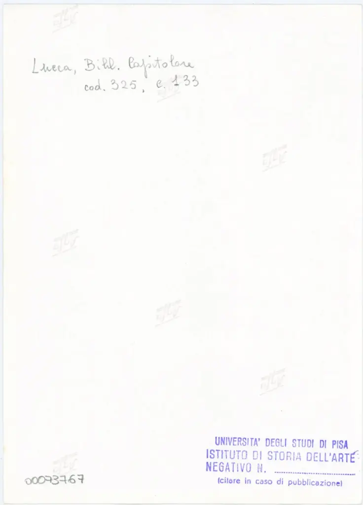 Università di Pisa. Dipartimento di Storia delle Arti , Anonimo italiano - sec. XIV, primo quarto - Lucca, Biblioteca Capitolare Feliniana, Ms. 325, f. 133r, particolare , retro