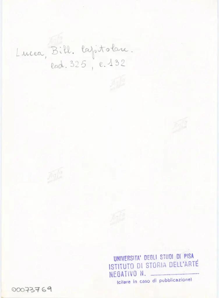 Universit&agrave; di Pisa. Dipartimento di Storia delle Arti , Anonimo italiano - sec. XIV, primo quarto - Lucca, Biblioteca Capitolare Feliniana, Ms. 325, f. 132r, particolare , retro