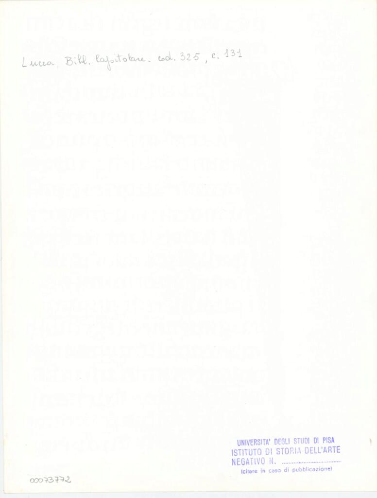 Università di Pisa. Dipartimento di Storia delle Arti , Anonimo italiano - sec. XIV, primo quarto - Lucca, Biblioteca Capitolare Feliniana, Ms. 325, f. 131, particolare , retro