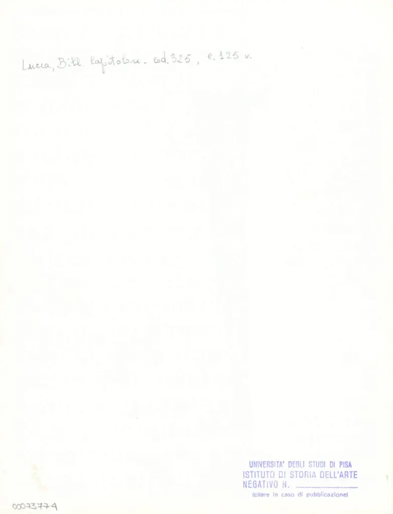Universit&agrave; di Pisa. Dipartimento di Storia delle Arti , Anonimo italiano - sec. XIV, primo quarto - Lucca, Biblioteca Capitolare Feliniana, Ms. 325, f. 125v, particolare , retro