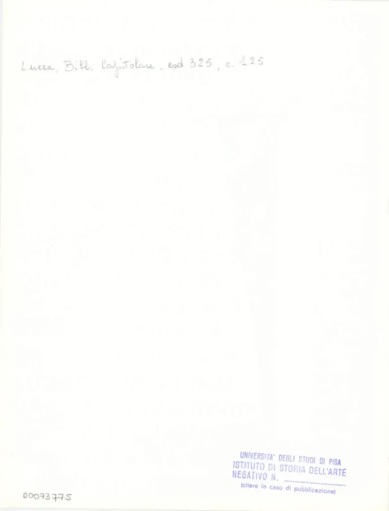 Universit&agrave; di Pisa. Dipartimento di Storia delle Arti , Anonimo italiano - sec. XIV, primo quarto - Lucca, Biblioteca Capitolare Feliniana, Ms. 325, f. 125r, particolare , retro