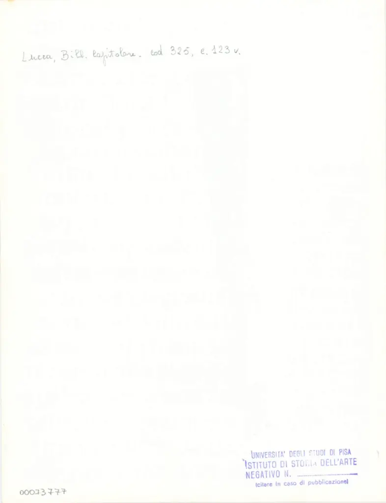Università di Pisa. Dipartimento di Storia delle Arti , Anonimo italiano - sec. XIV, primo quarto - Lucca, Biblioteca Capitolare Feliniana, Ms. 325, f. 123v, particolare , retro