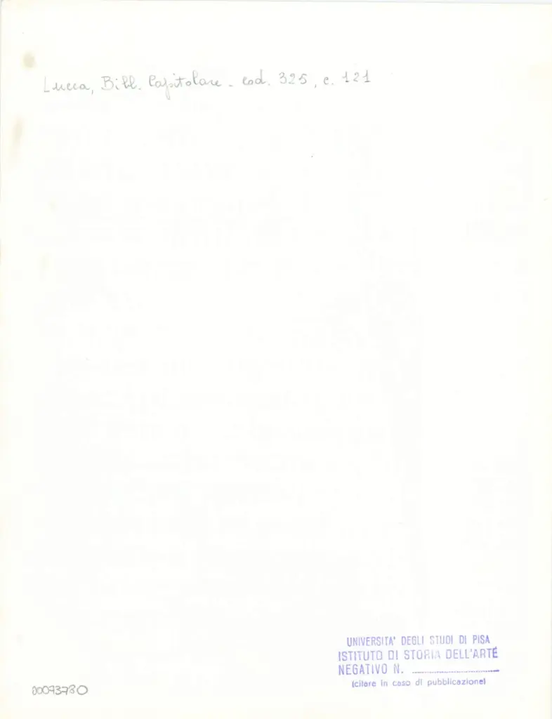 Universit&agrave; di Pisa. Dipartimento di Storia delle Arti , Anonimo italiano - sec. XIV, primo quarto - Lucca, Biblioteca Capitolare Feliniana, Ms. 325, f. 121r, particolare , retro