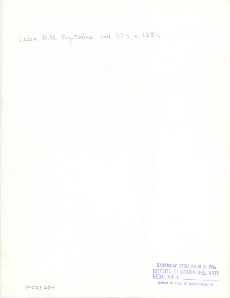 Università di Pisa. Dipartimento di Storia delle Arti , Anonimo italiano - sec. XIV, primo quarto - Lucca, Biblioteca Capitolare Feliniana, Ms. 325, f. 119v, particolare , retro