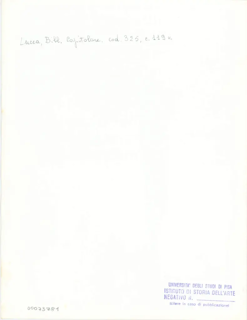 Universit&agrave; di Pisa. Dipartimento di Storia delle Arti , Anonimo italiano - sec. XIV, primo quarto - Lucca, Biblioteca Capitolare Feliniana, Ms. 325, f. 119v, particolare , retro