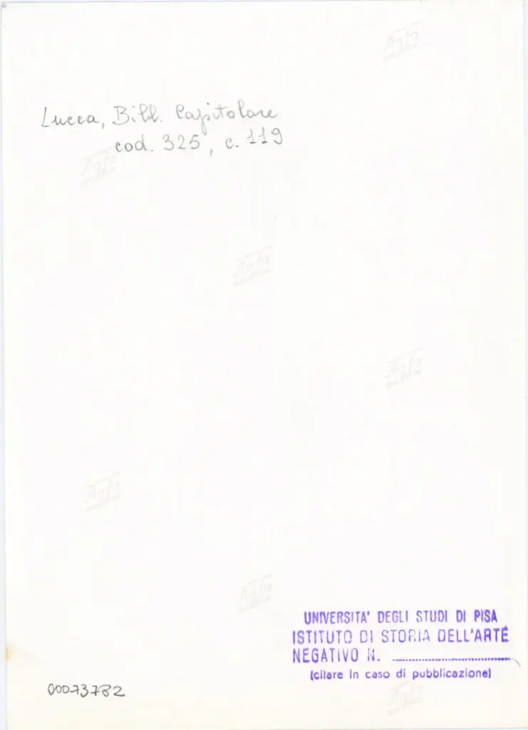 Universit&agrave; di Pisa. Dipartimento di Storia delle Arti , Anonimo italiano - sec. XIV, primo quarto - Lucca, Biblioteca Capitolare Feliniana, Ms. 325, f. 119r, particolare , retro