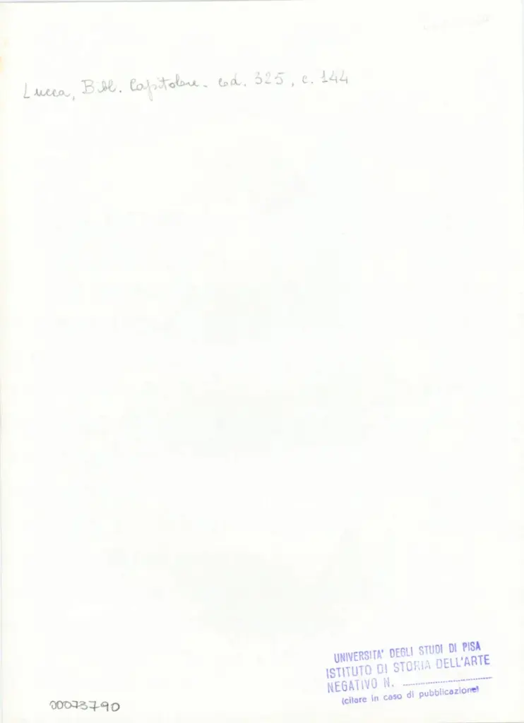 Università di Pisa. Dipartimento di Storia delle Arti , Anonimo italiano - sec. XIV, primoi quarto - Lucca, Biblioteca Capitolare Feliniana, Ms. 325, f. 144r, particolare , retro