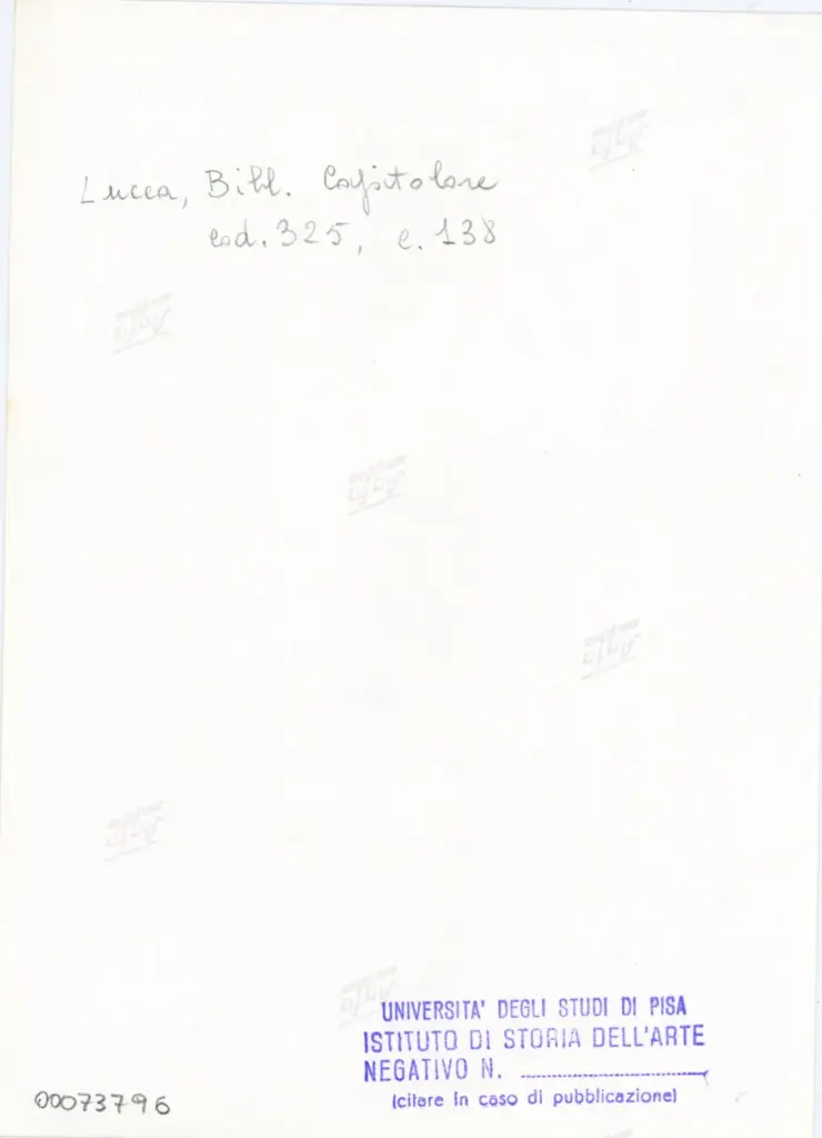 Universit&agrave; di Pisa. Dipartimento di Storia delle Arti , Anonimo italiano - sec. XIV, primo quarto - Lucca, Biblioteca Capitolare Feliniana, Ms. 325, f. 138r, particolare , retro