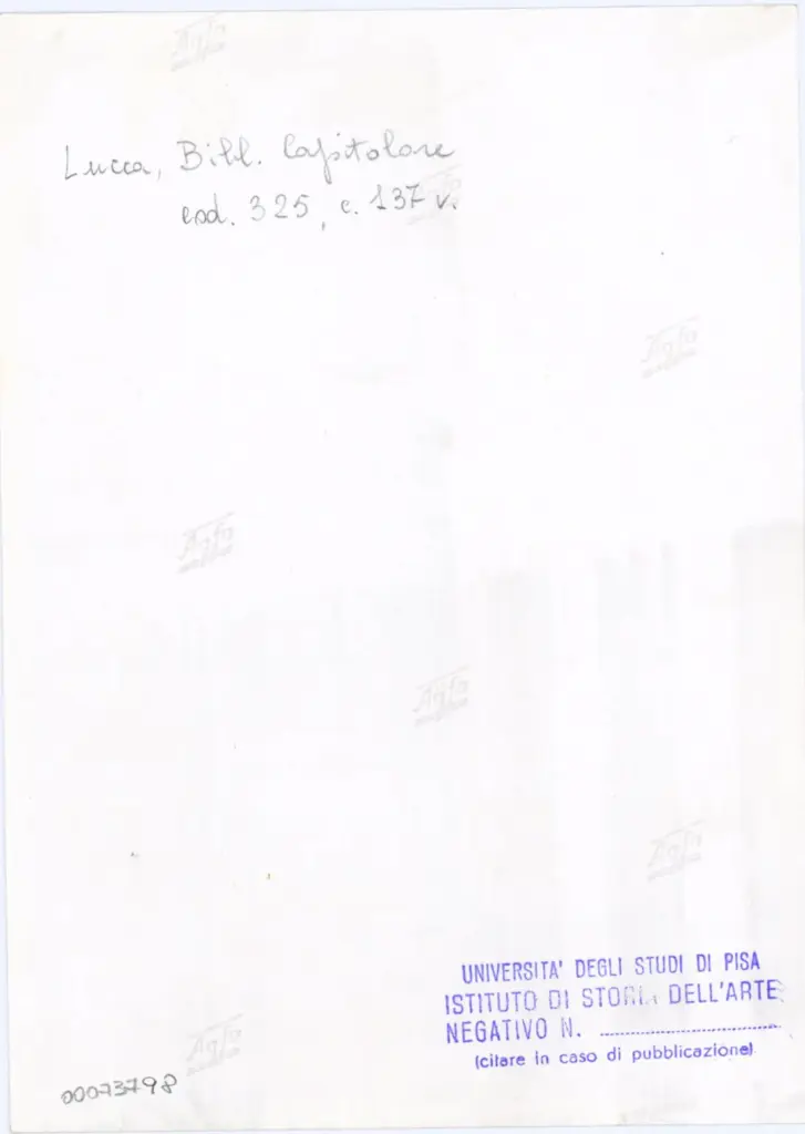 Universit&agrave; di Pisa. Dipartimento di Storia delle Arti , Anonimo italiano - sec. XIV, primo quarto - Lucca, Biblioteca Capitolare Feliniana, Ms. 325, f. 137v, particolare , retro