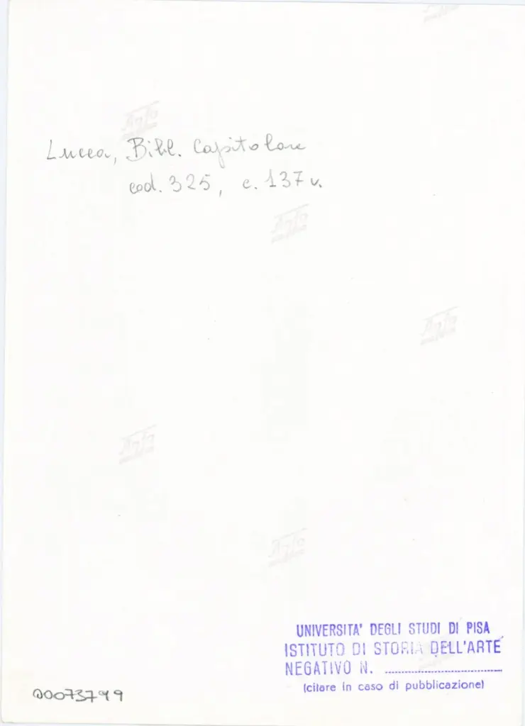Universit&agrave; di Pisa. Dipartimento di Storia delle Arti , Anonimo italiano - sec. XIV, primo quarto - Lucca, Biblioteca Capitolare Feliniana, Ms. 325, f. 137v, particolare , retro