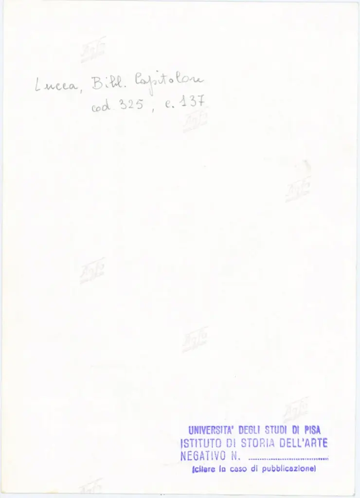 Università di Pisa. Dipartimento di Storia delle Arti , Anonimo italiano - sec. XIV, primo quarto - Lucca, Biblioteca Capitolare Feliniana, Ms. 325, f. 137r, particolare , retro