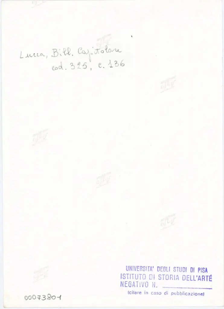 Università di Pisa. Dipartimento di Storia delle Arti , Anonimo italiano - sec. XIV, primo quarto - Lucca, Biblioteca Capitolare Feliniana, Ms. 325, f. 136r, particolare , retro
