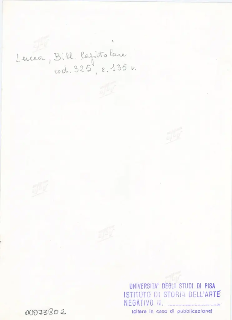 Universit&agrave; di Pisa. Dipartimento di Storia delle Arti , Anonimo italiano - sec. XIV, primo quarto - Lucca, Biblioteca Capitolare Feliniana, Ms. 325, f. 135v, particolare , retro