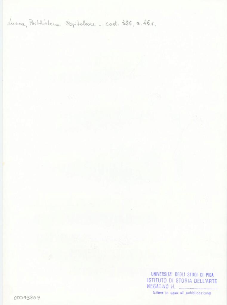 Università di Pisa. Dipartimento di Storia delle Arti , Anonimo italiano - sec. XIV, primo quarto - Lucca, Biblioteca Capitolare Feliniana, Ms. 325, f. 45v, particolare , retro