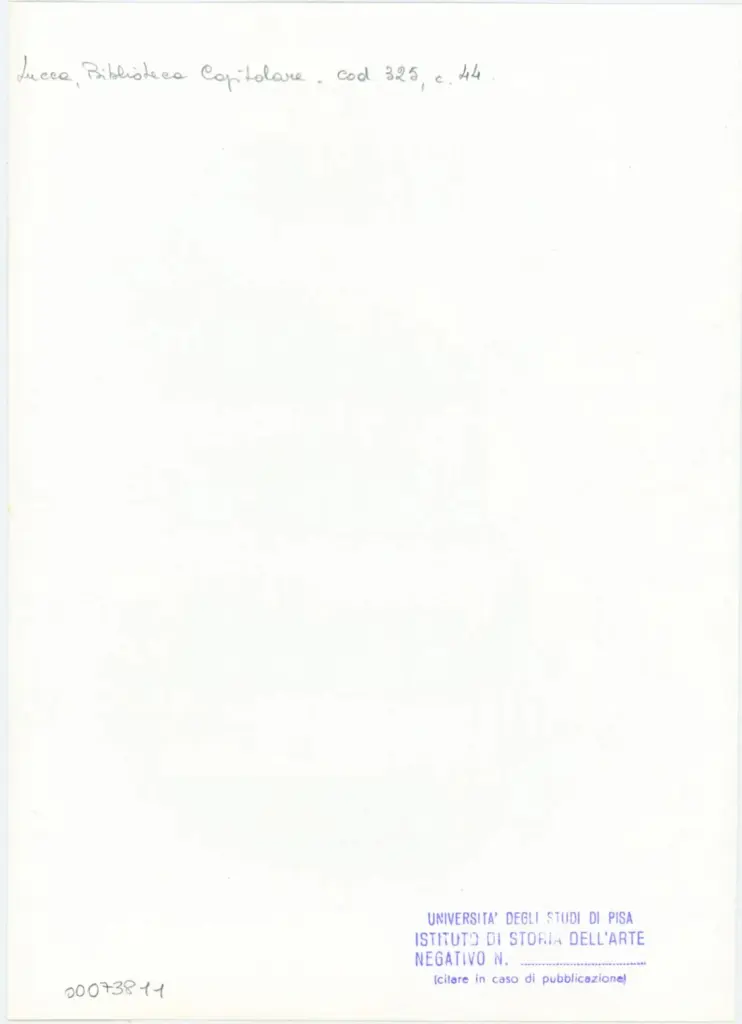 Universit&agrave; di Pisa. Dipartimento di Storia delle Arti , Anonimo italiano - sec. XIV, primo quarto - Lucca, Biblioteca Capitolare Feliniana, Ms. 325, f. 44r, particolare , retro