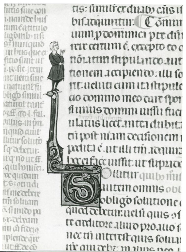 Anonimo italiano sec. XIV , Iniziale T, Iniziale figurata, Motivi decorativi vegetali e zoomorfi, Ritratto di giovane uomo