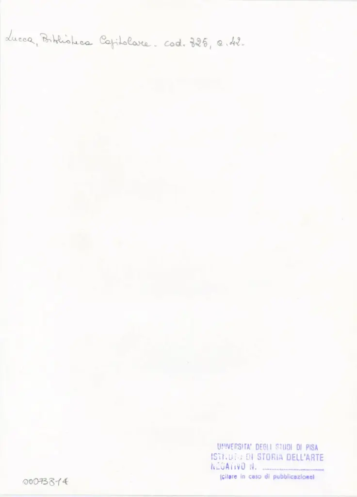 Universit&agrave; di Pisa. Dipartimento di Storia delle Arti , Anonimo italiano - sec. XIV, primo quarto - Lucca, Biblioteca Capitolare Feliniana, Ms. 325, f. 42r, particolare , retro