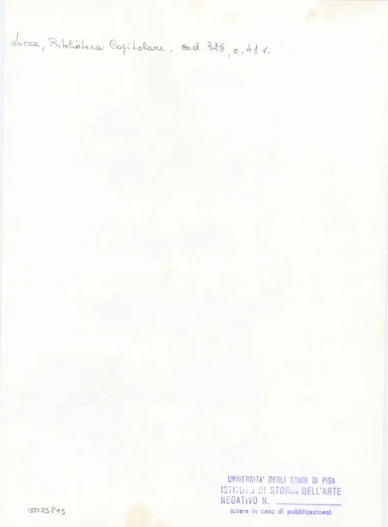 Universit&agrave; di Pisa. Dipartimento di Storia delle Arti , Anonimo italiano - sec. XIV, primo quarto - Lucca, Biblioteca Capitolare Feliniana, Ms. 325, f. 41v, particolare , retro