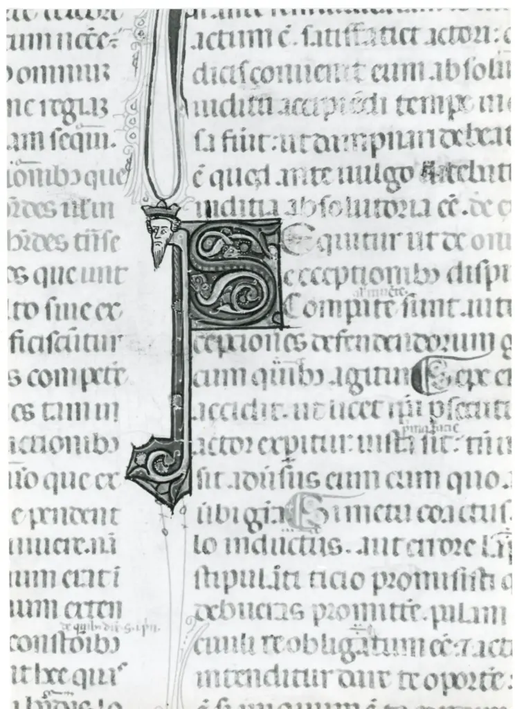 Anonimo italiano sec. XIV , Iniziale S, Iniziale decorata, Protome con barba, Protome coronata, Motivi decorativi vegetali e zoomorfi
