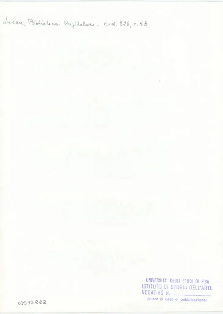 Universit&agrave; di Pisa. Dipartimento di Storia delle Arti , Anonimo italiano - sec. XIV, primo quarto - Lucca, Biblioteca Capitolare Feliniana, Ms. 325, f. 53r, particolare , retro