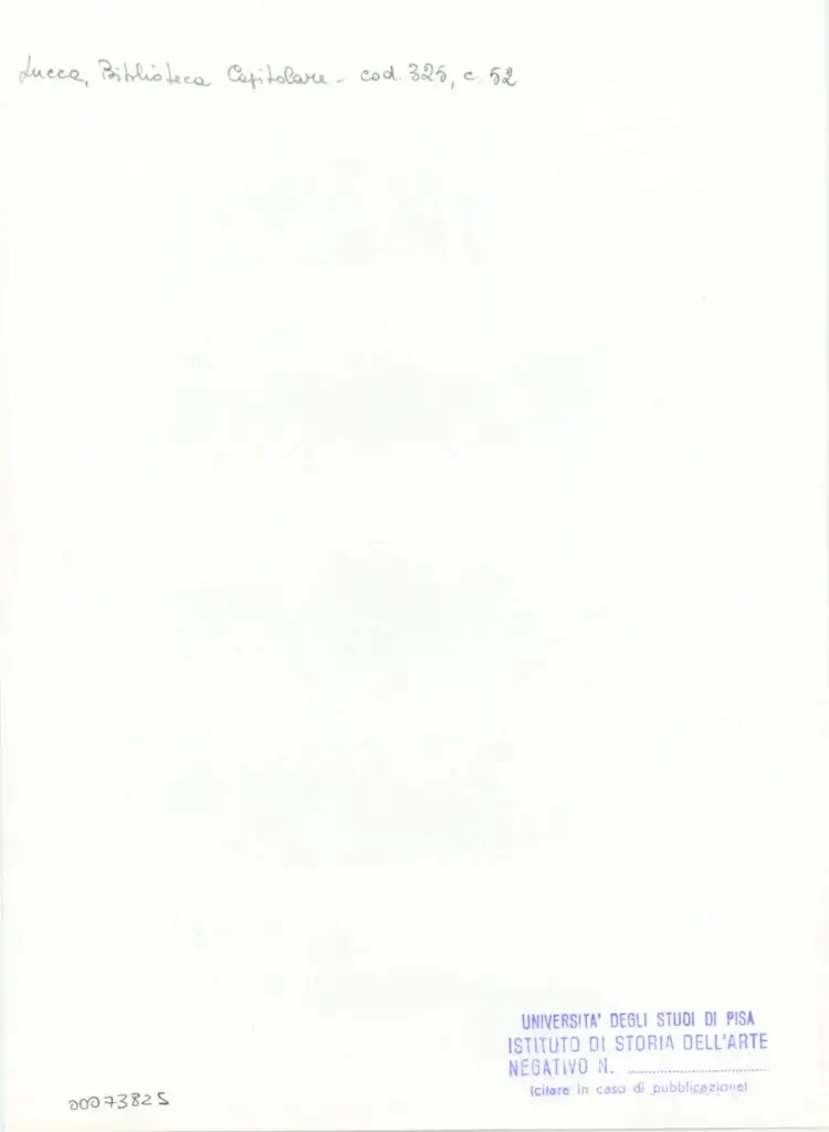 Universit&agrave; di Pisa. Dipartimento di Storia delle Arti , Anonimo italiano - sec. XIV, primo quarto - Lucca, Biblioteca Capitolare Feliniana, Ms. 325, f. 52r, particolare , retro