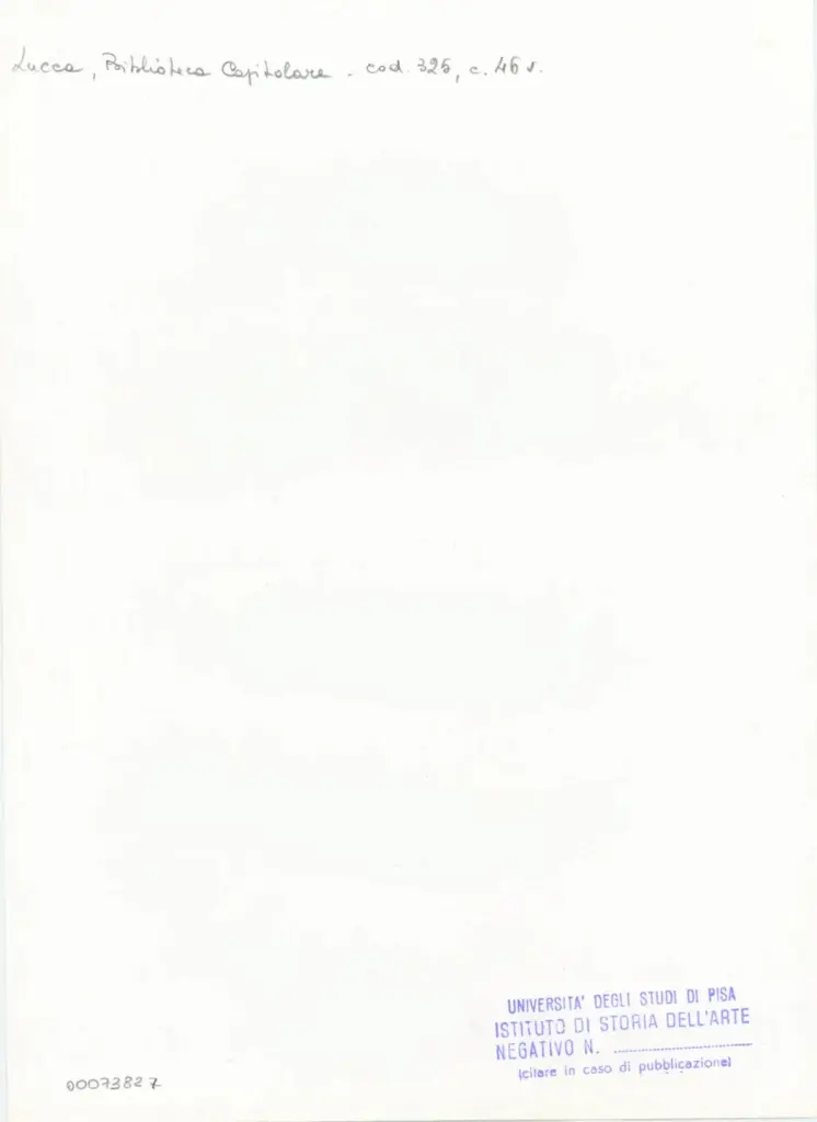 Universit&agrave; di Pisa. Dipartimento di Storia delle Arti , Anonimo italiano - sec. XIV, primo quarto - Lucca, Biblioteca Capitolare Feliniana, Ms. 325, f. 46v, particolare , retro