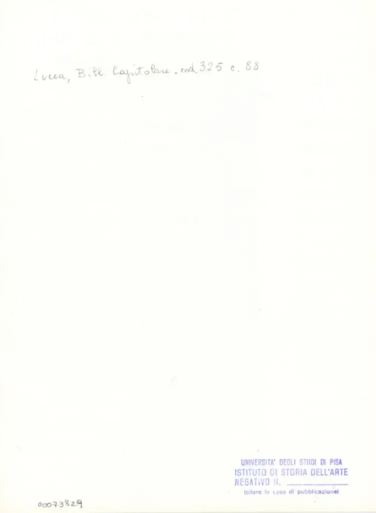 Universit&agrave; di Pisa. Dipartimento di Storia delle Arti , Anonimo italiano - sec. XIV, primo quarto - Lucca, Biblioteca Capitolare Feliniana, Ms. 325, f. 88r, particolare , retro