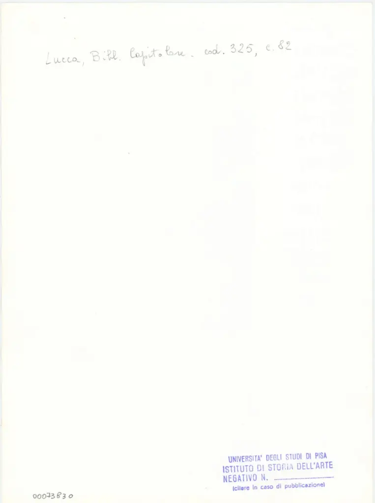 Universit&agrave; di Pisa. Dipartimento di Storia delle Arti , Anonimo italiano - sec. XIV, primo quarto - Lucca, Biblioteca Capitolare Feliniana, Ms. 325, f. 82r, particolare , retro