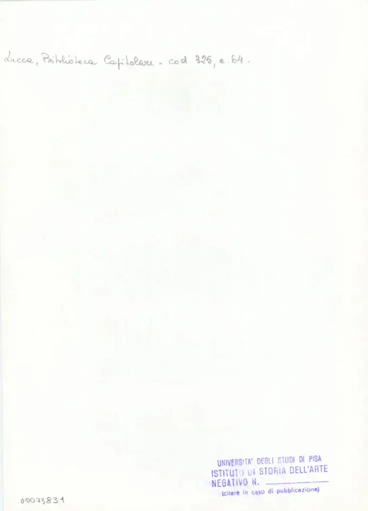 Universit&agrave; di Pisa. Dipartimento di Storia delle Arti , Anonimo italiano - sec. XIV, primo quarto - Lucca, Biblioteca Capitolare Feliniana, Ms. 325, f. 64r, particolare , retro
