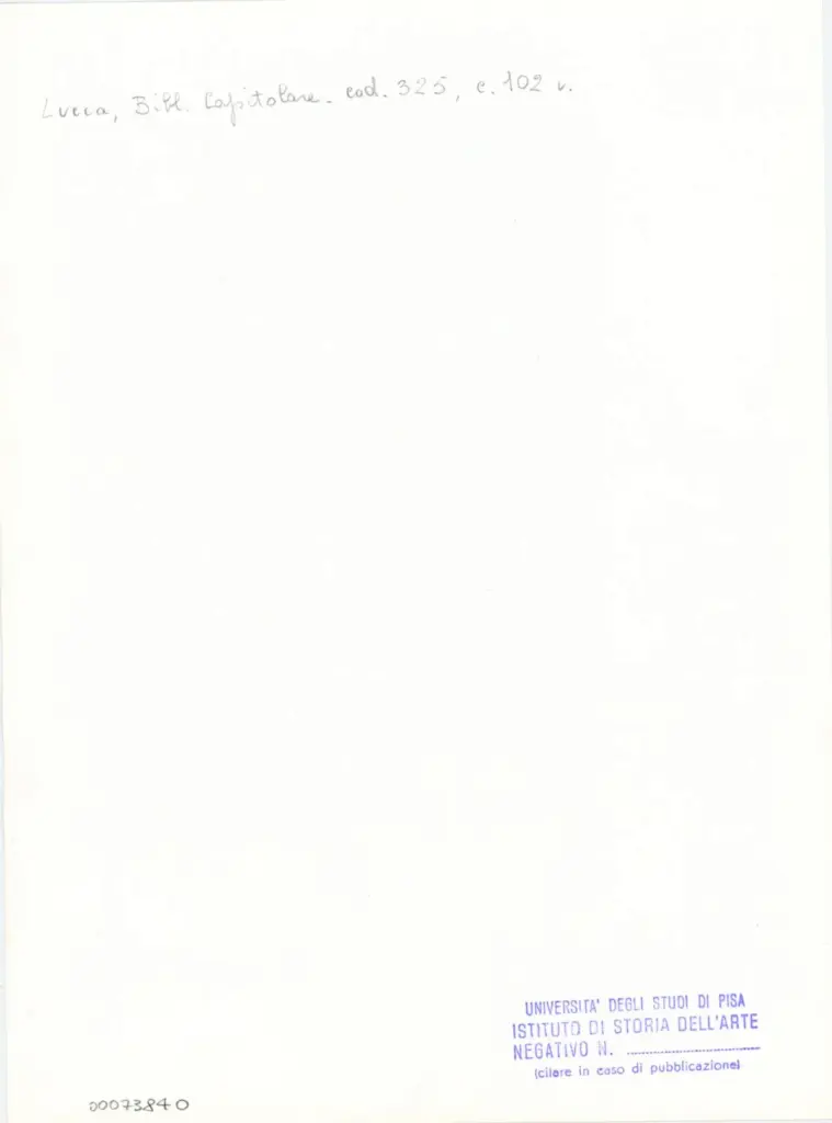 Universit&agrave; di Pisa. Dipartimento di Storia delle Arti , Anonimo italiano - sec. XIV, primo quarto - Lucca, Biblioteca Capitolare Feliniana, Ms. 325, f. 102v, particolare , retro