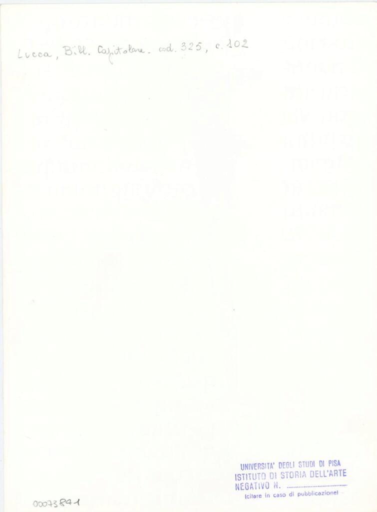 Università di Pisa. Dipartimento di Storia delle Arti , Anonimo italiano - sec. XIV, primo quarto - Lucca, Biblioteca Capitolare Feliniana, Ms. 325, f. 102r, , particolare , retro