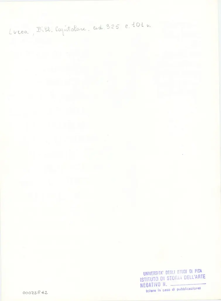 Universit&agrave; di Pisa. Dipartimento di Storia delle Arti , Anonimo italiano - sec. XIV, primo quarto - Lucca, Biblioteca Capitolare Feliniana, Ms. 325, f. 101v, particolare , retro